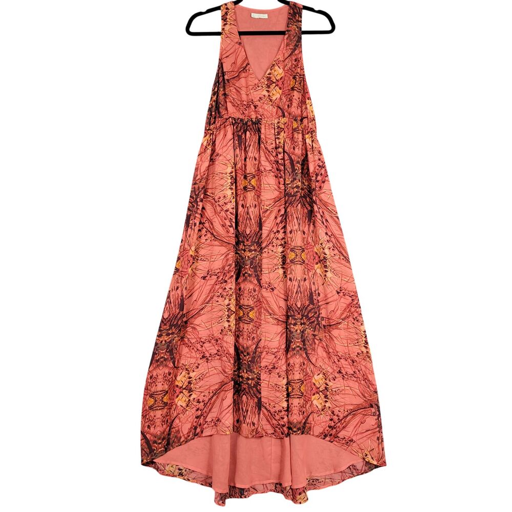 HINGE Red Orange Floral Silk Sleeveless Maxi Dress Boho Fairy Summer SIZE SMALL